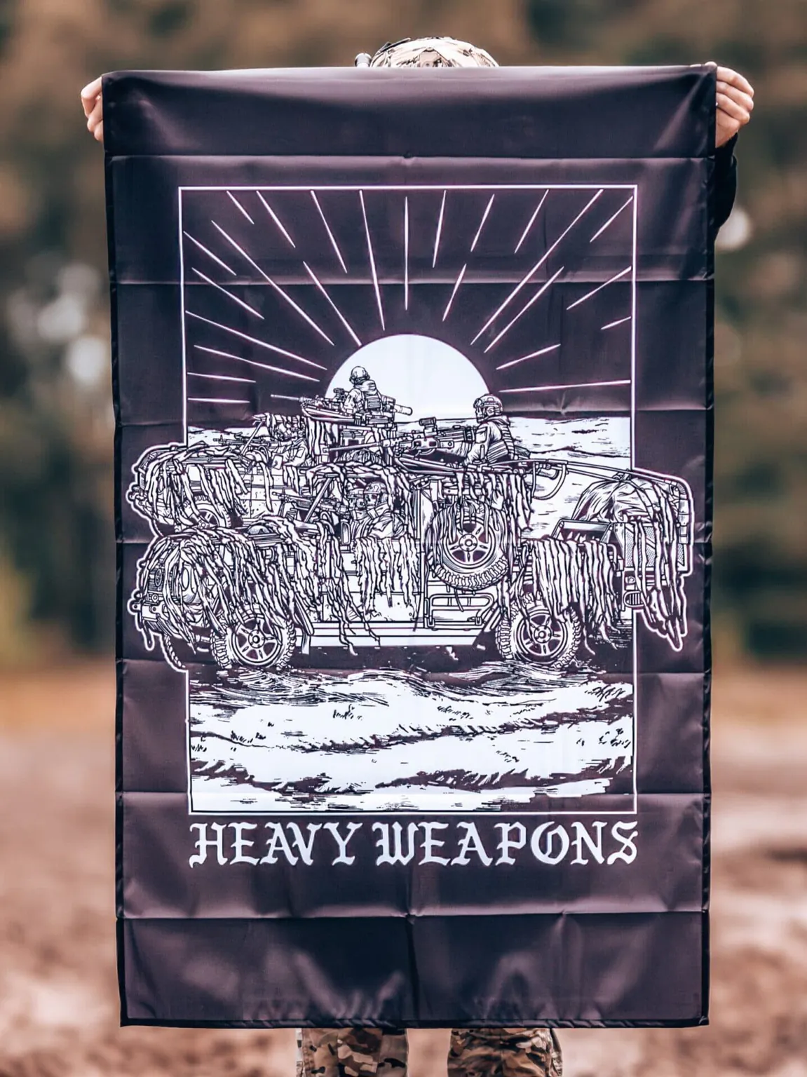 20240822_144356-scaled-1.jpg Flag featuring design of a heavy weapons platoon with two vehicles and a mounted .50 caliber gun