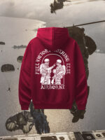 Hoodie featuring World War II design of two soldiers standing before a parachute jump