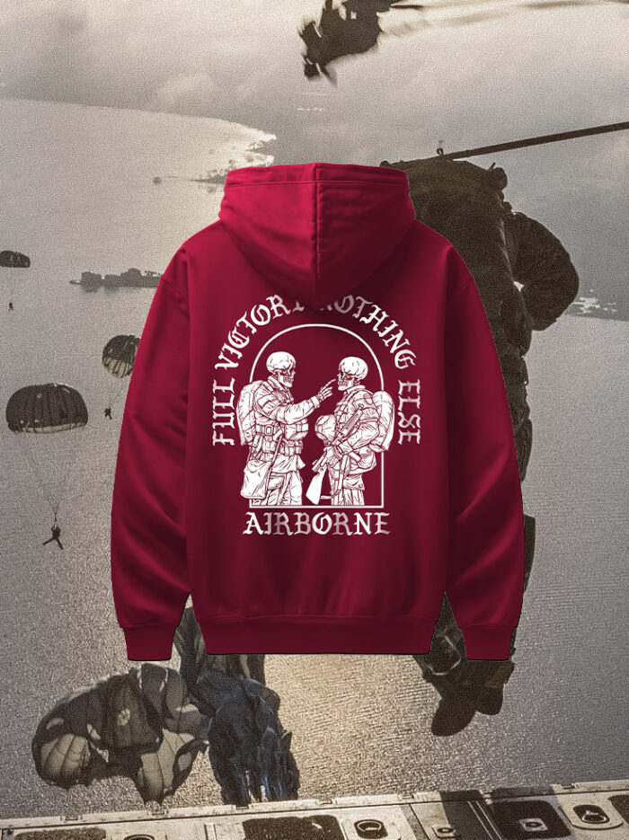 Hoodie featuring World War II design of two soldiers standing before a parachute jump