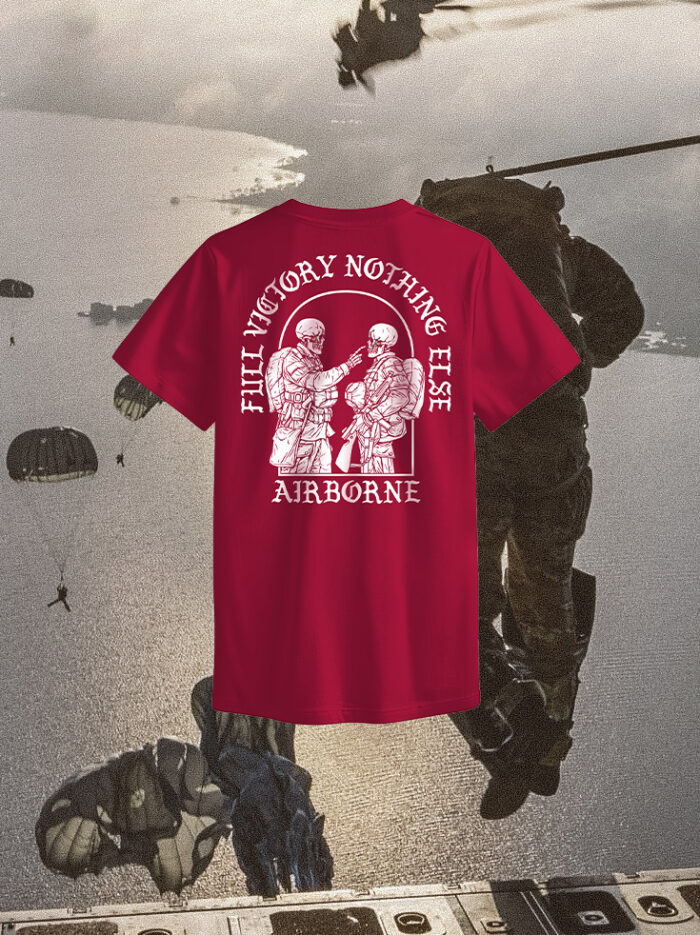 Tshirt featuring World War II design of two soldiers standing before a parachute jump
