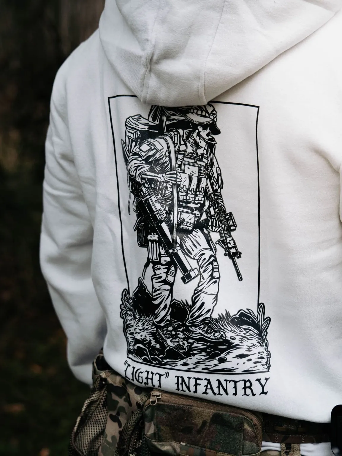 Light Infantry Hoodie detail, military apparel by The Trace