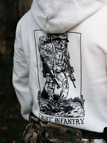 Light Infantry Hoodie detail, military apparel by The Trace
