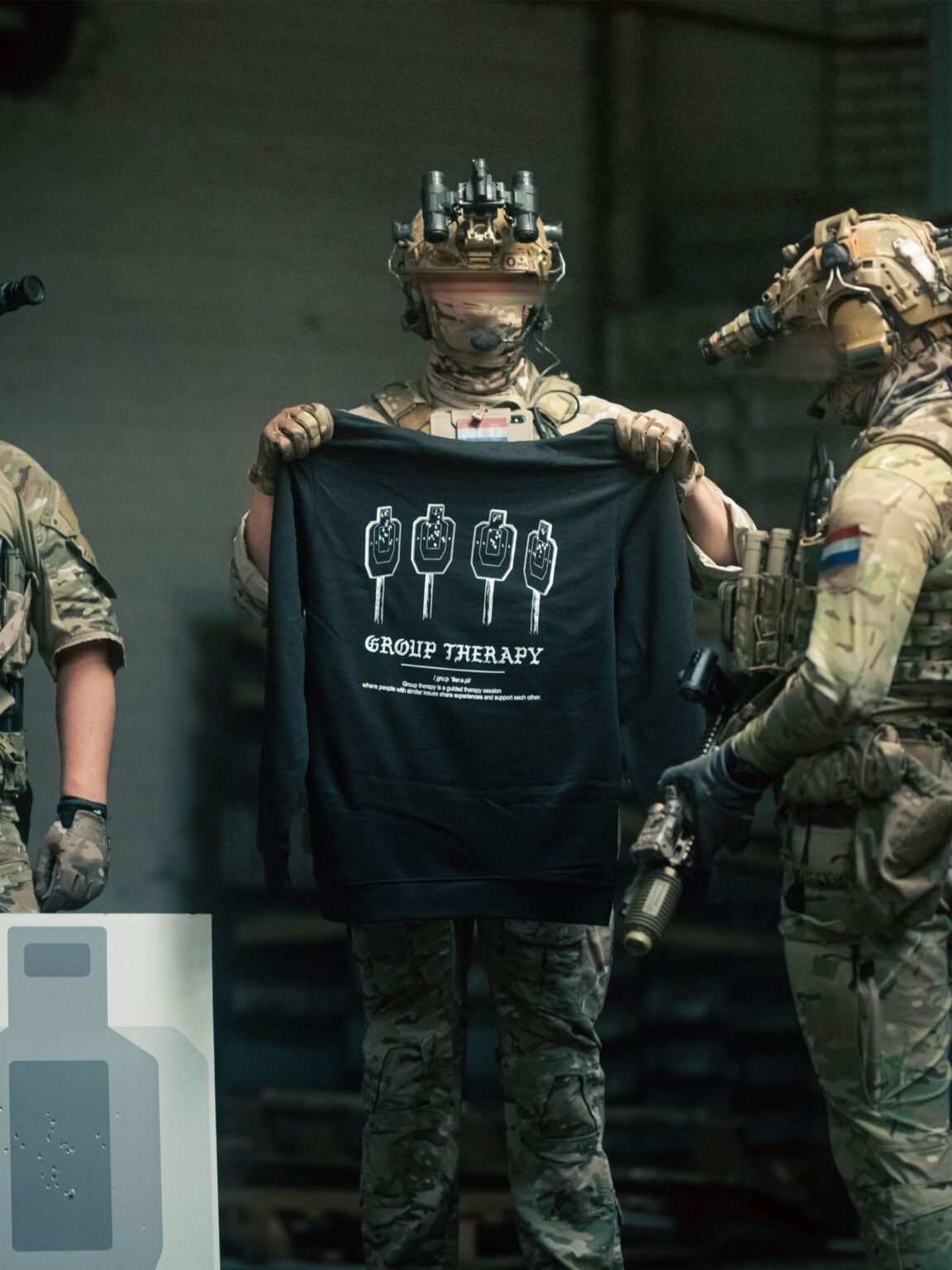 Hoodie Group Therapy held extra crop Black hoodie from The Trace featuring Group Therapy design with four targets marked by tight bullet hole groupings