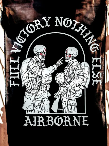 Flag featuring World War II design of two soldiers standing before a parachute jump