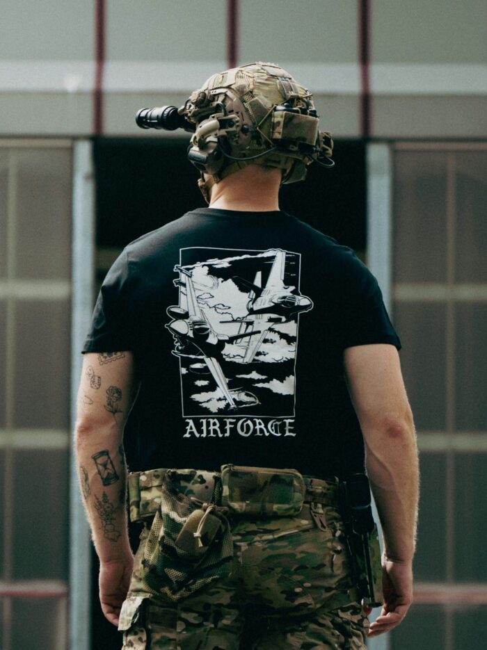 Lightweight t-shirt featuring an F-16 and F-35 in flight, paying tribute to speed, precision, and power