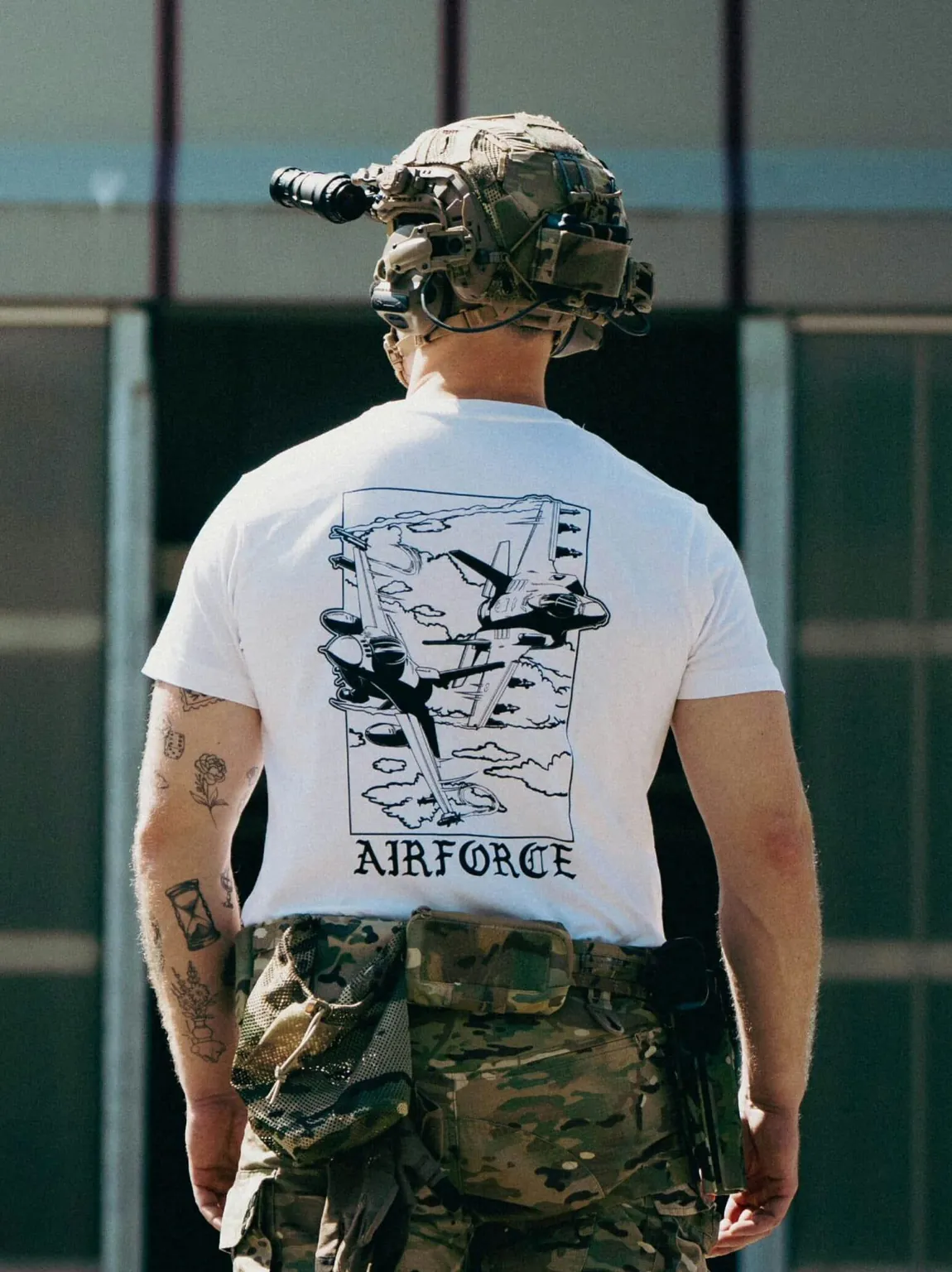 Lightweight t-shirt featuring an F-16 and F-35 in flight, paying tribute to speed, precision, and power