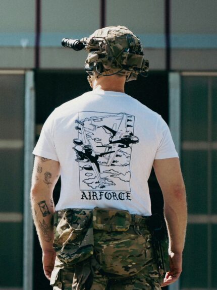 Lightweight t-shirt featuring an F-16 and F-35 in flight, paying tribute to speed, precision, and power