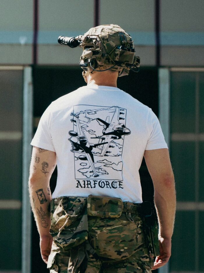 Lightweight t-shirt featuring an F-16 and F-35 in flight, paying tribute to speed, precision, and power