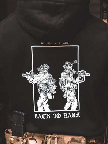 Back to Back Hoodie detail, military apparel by The Trace