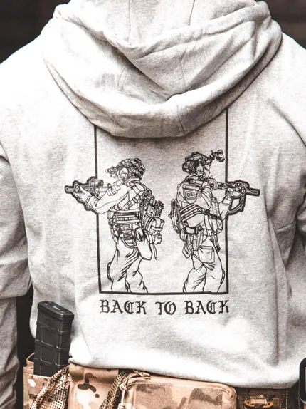 Back to Back Hoodie detail, military apparel by The Trace