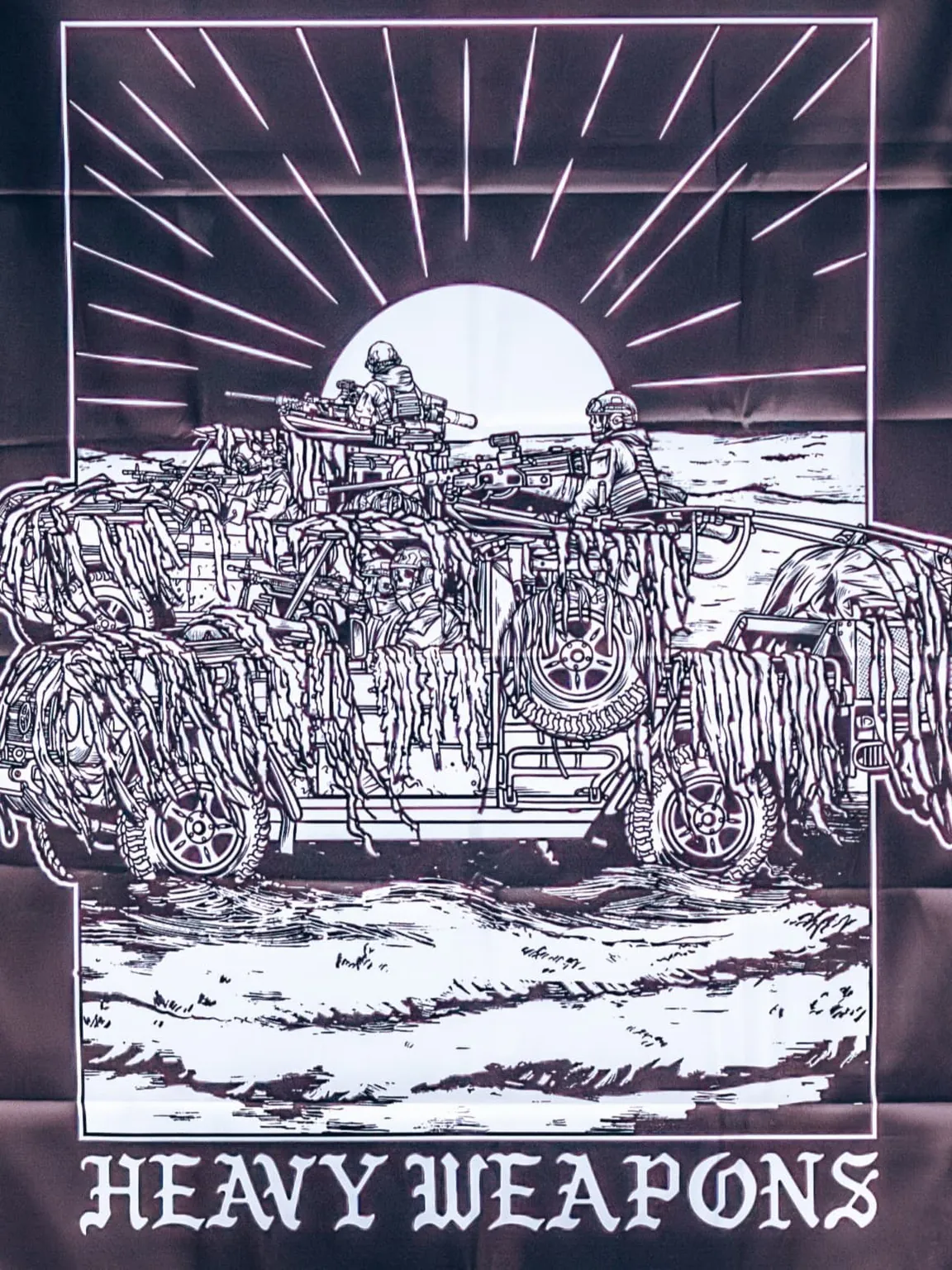 Flag featuring design of a heavy weapons platoon with two vehicles and a mounted .50 caliber gun