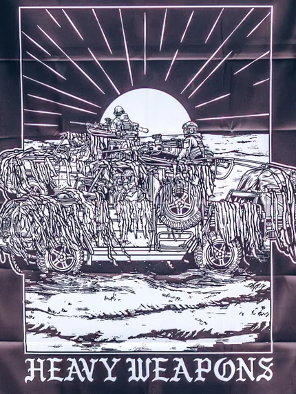 Flag featuring design of a heavy weapons platoon with two vehicles and a mounted .50 caliber gun