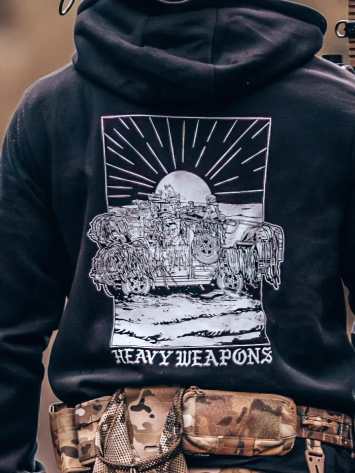 Hoodie featuring design of a heavy weapons platoon with two vehicles and a mounted .50 caliber gun