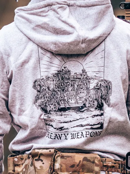 Hoodie featuring design of a heavy weapons platoon with two vehicles and a mounted .50 caliber gun