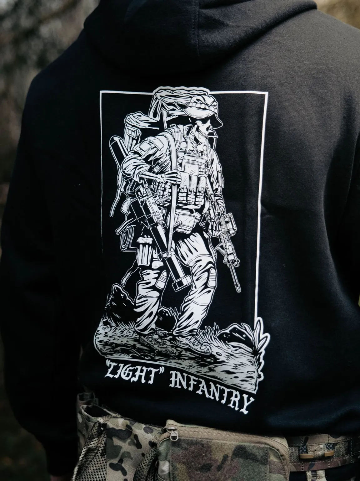 Light Infantry Hoodie detail, military apparel by The Trace