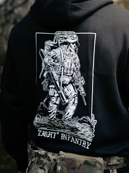 Light Infantry Hoodie detail, military apparel by The Trace