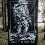 flag from The Trace depicting Light Infantry design with a soldier standing with a heavy backpack