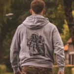 heather grey hoodie from The Trace featuring design of two soldiers marching in the Nijmegen Four Days Marches