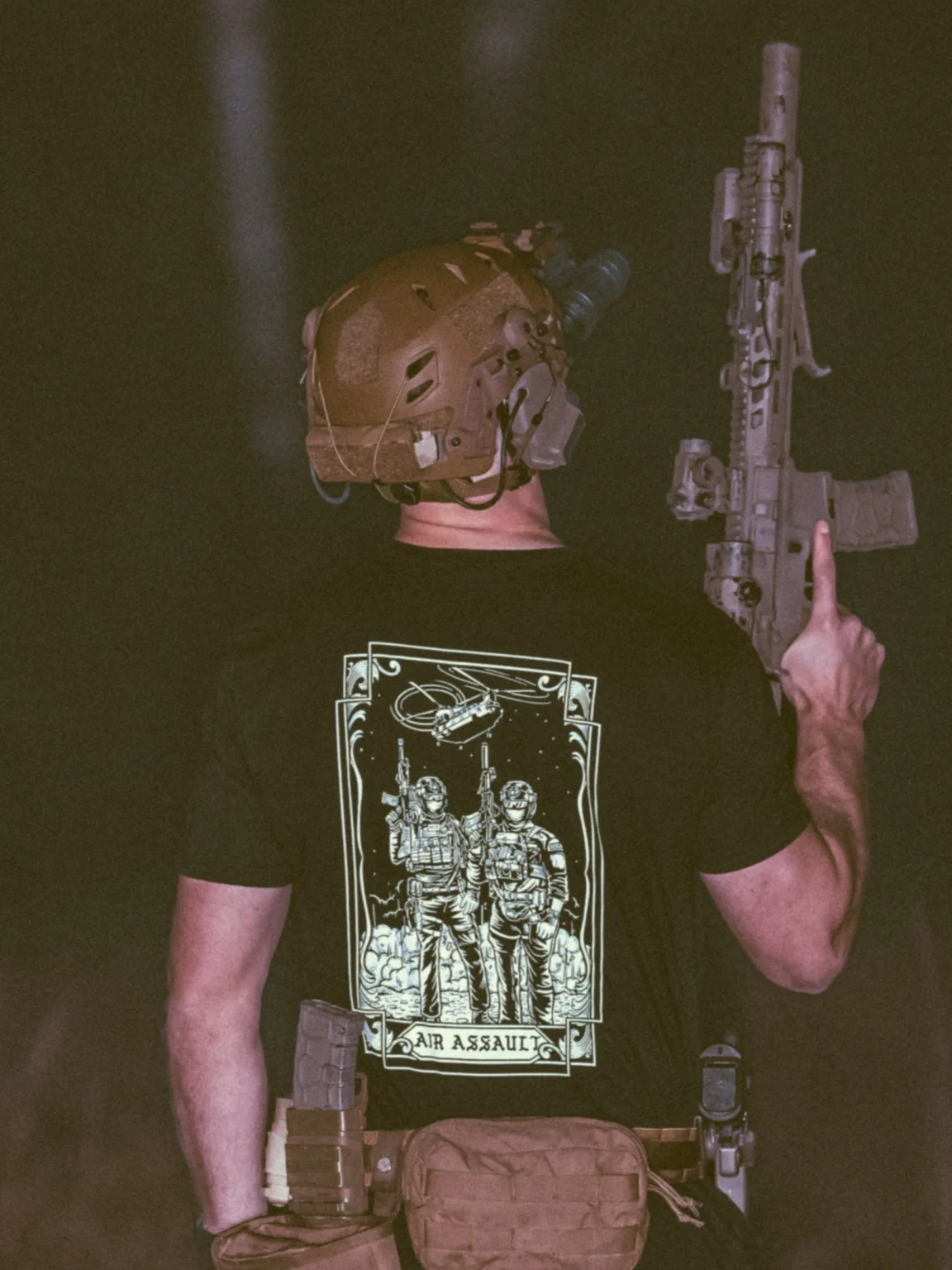 Air-Assault-shirt-black-back-edit the trace apparel collection featuring 2 air assault operators standing in front of a chinook