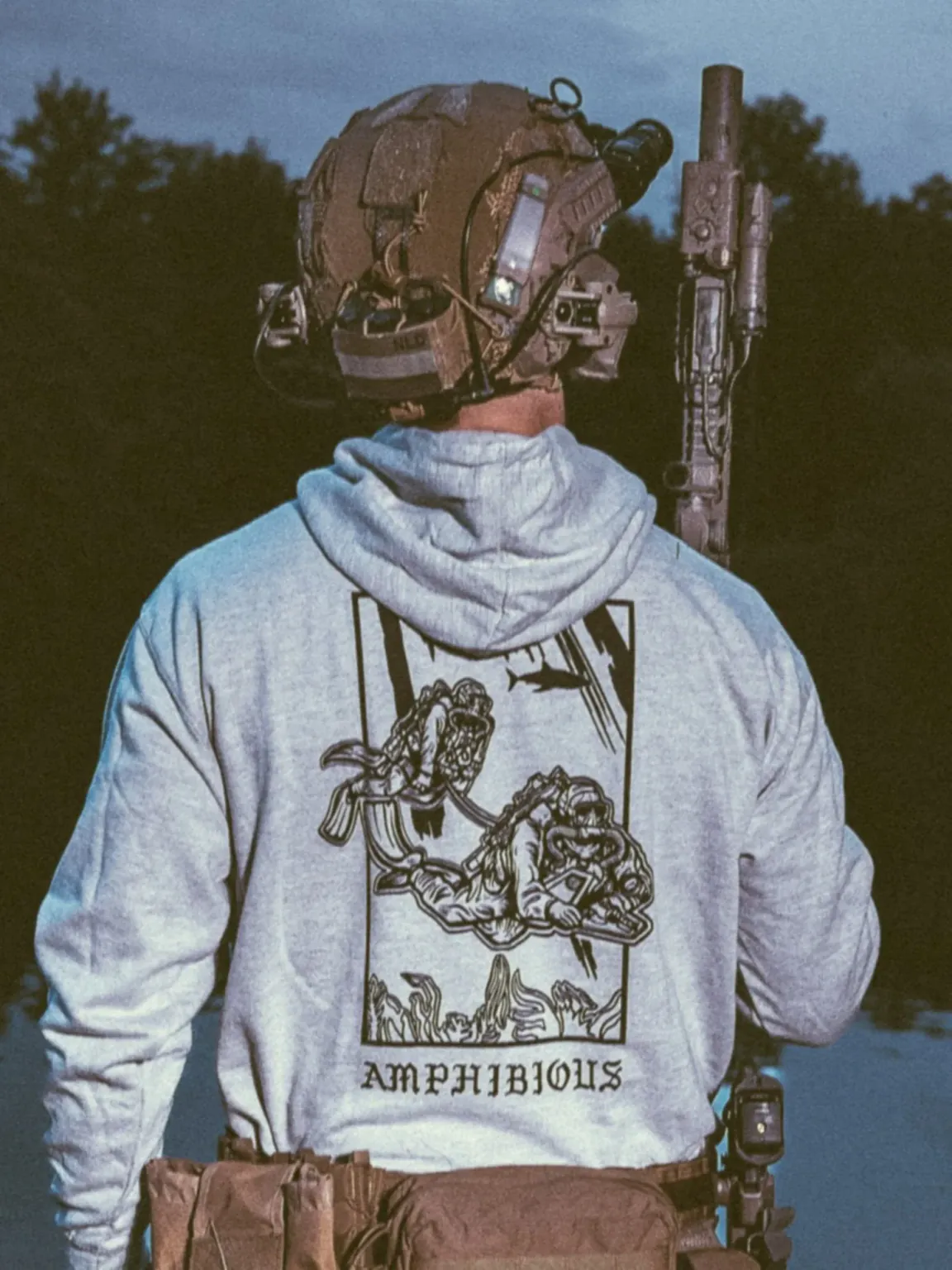 Amphibious-hoodie-heather-grey the trace apparel collection featuring two military reconnaissance divers swimming underwater