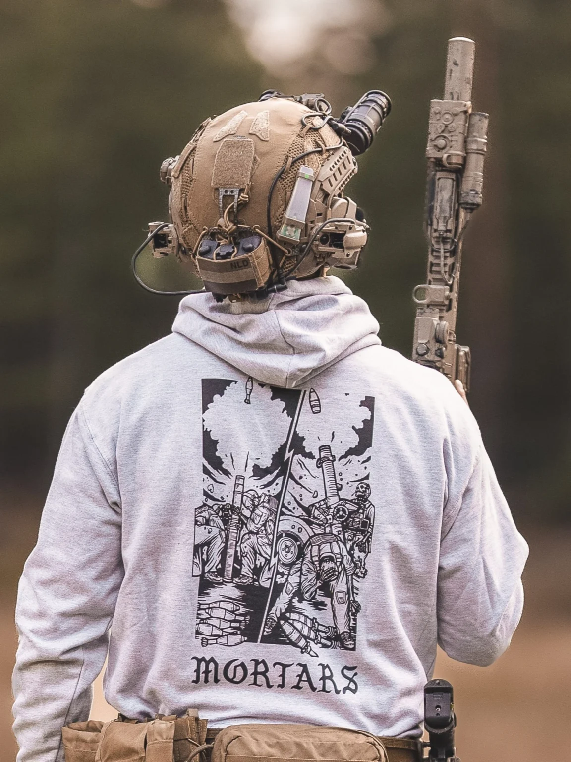Mortars-hoodie-heather-grey the trace apparel collection featuring guys firing a 81mm mortar and a 120mm mortar