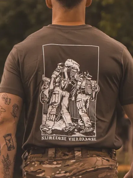 olive T-shirt from The Trace featuring design of two soldiers marching in the Nijmegen Four Days Marches