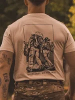 sand T-shirt from The Trace featuring design of two soldiers marching in the Nijmegen Four Days Marches