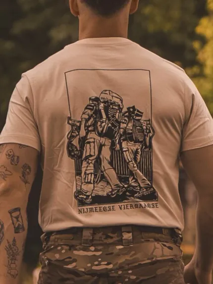 sand T-shirt from The Trace featuring design of two soldiers marching in the Nijmegen Four Days Marches