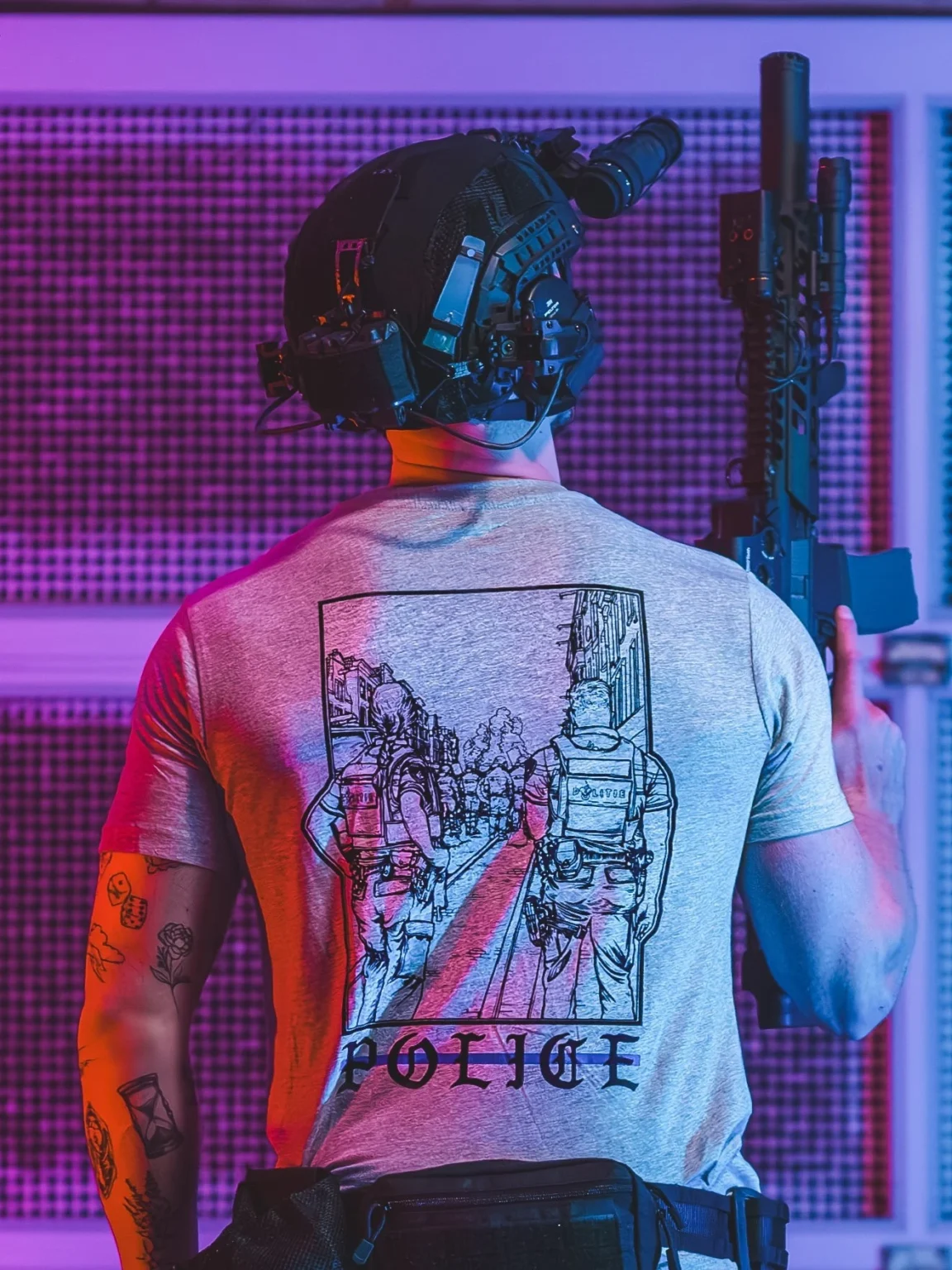 Police-shirt-grey-full the trace apparel collection featuring two police cops standing in a street watching a riot