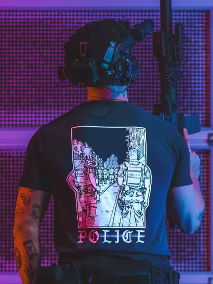 the trace apparel collection featuring two police cops standing in a street watching a riot