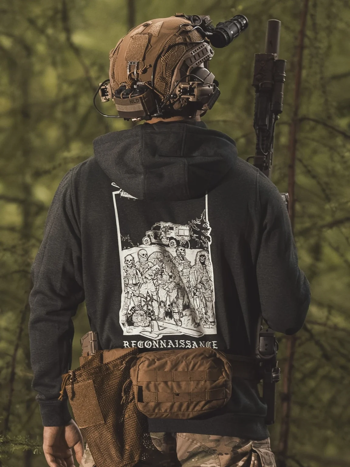 Reconnaissance-hoodie-charcoal the trace apparel collection featuring a military reconnaissance group standing next to their equipment
