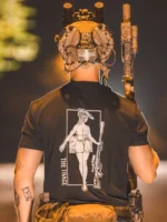 black tshirt from The Trace featuring a girl carrying a sniper weapon.