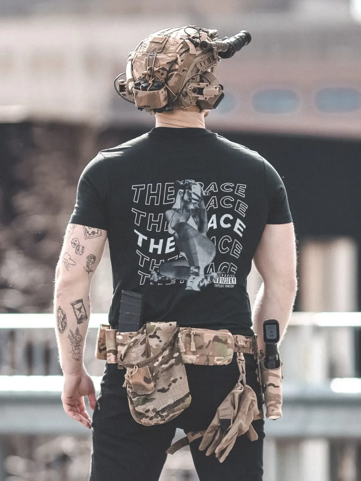 White-hot-black-scaled-1-e1753362218948 the trace apparel collection featuring one of their cool designs showcasing a woman with military helmet