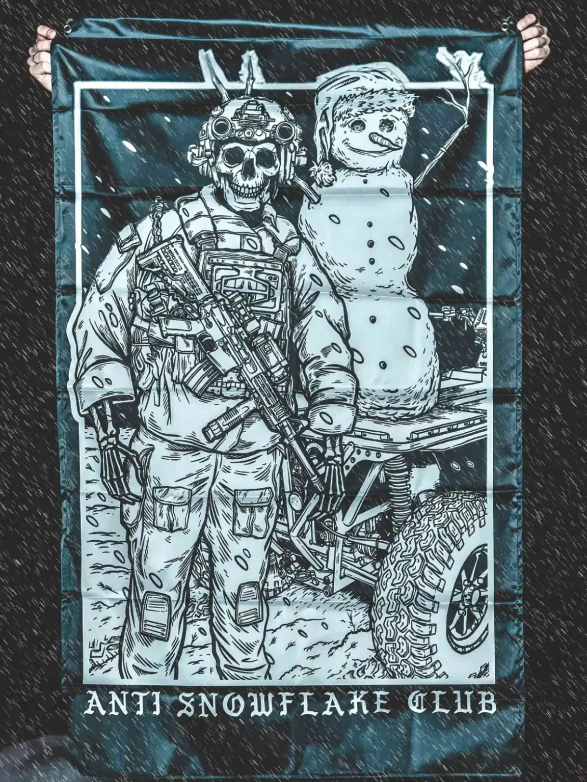 anti-Snowflake-design-flag-_2 the trace apparel collection featuring a design with a military operator standing next to a snowman with a text saying anti snow flake club