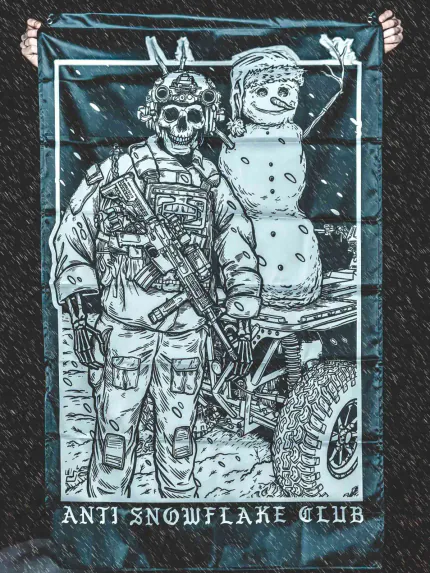 the trace apparel collection featuring a design with a military operator standing next to a snowman with a text saying anti snow flake club