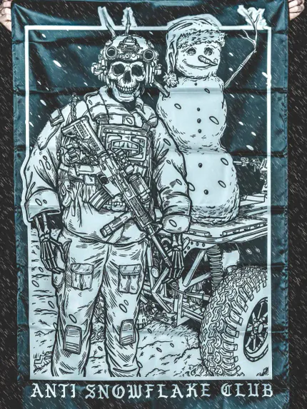 the trace apparel collection featuring a design with a military operator standing next to a snowman with a text saying anti snow flake club