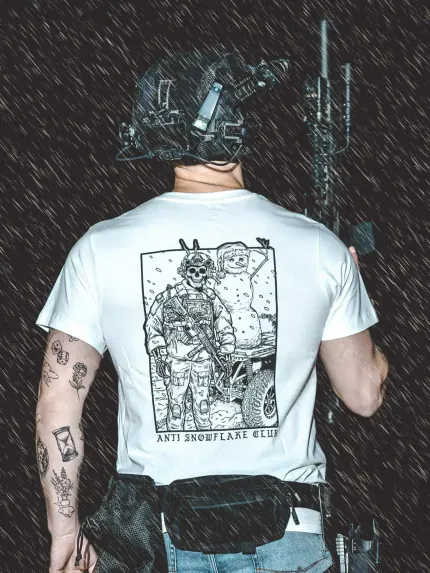 the trace apparel collection featuring a design with a military operator standing next to a snowman with a text saying anti snow flake club