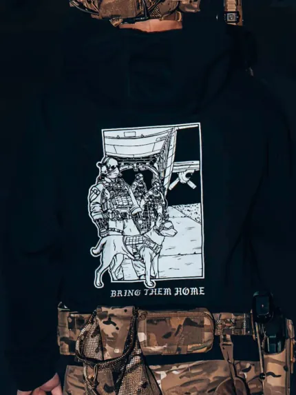black hoodie from The Trace featuring k9 and his doghandler on a rescue mission by c130.