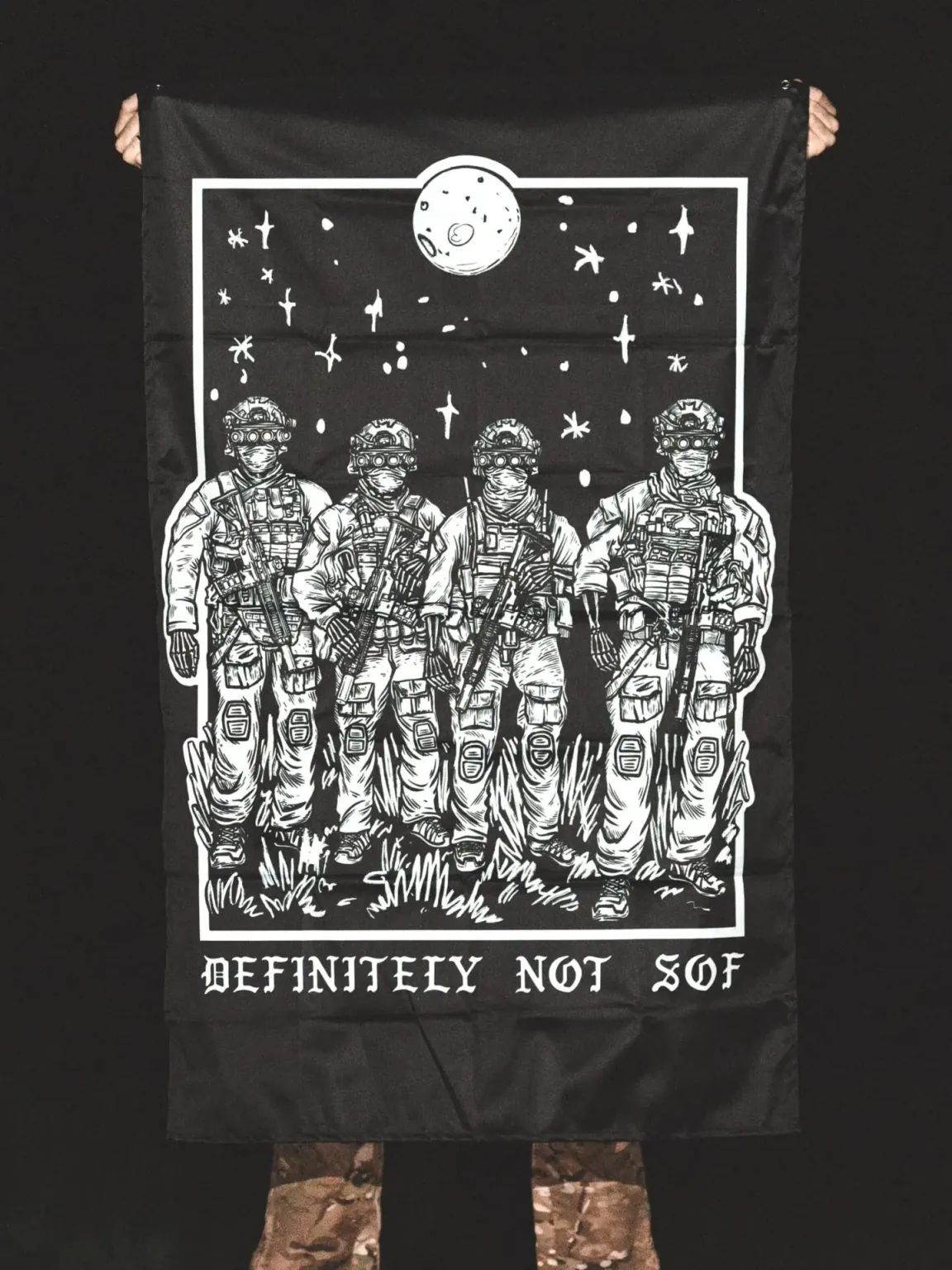 def not sof flag white hoodie from The Trace featuring a special operations force with a text saying definitely not sof