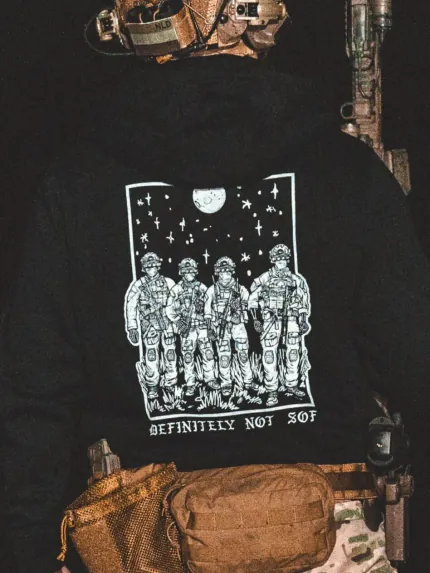 black hoodie from The Trace featuring a special operations force with a text saying definitely not sof