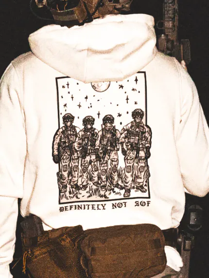 white hoodie from The Trace featuring a special operations force with a text saying definitely not sof