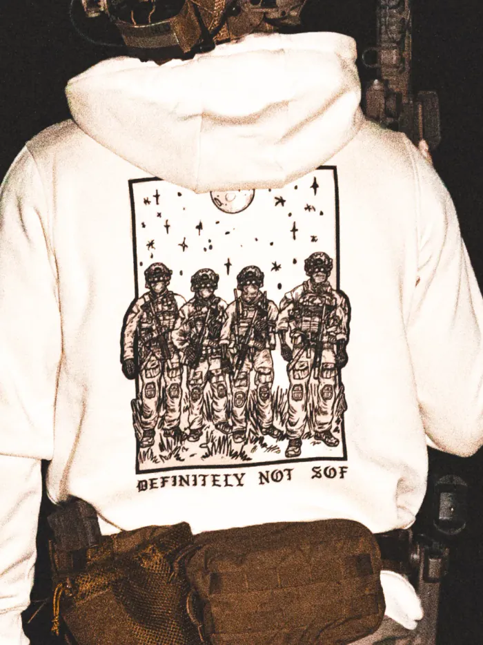 white hoodie from The Trace featuring a special operations force with a text saying definitely not sof