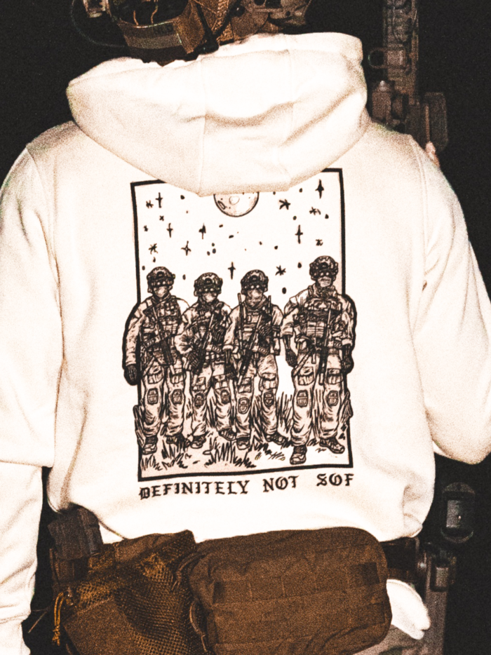 white hoodie from The Trace featuring a special operations force with a text saying definitely not sof