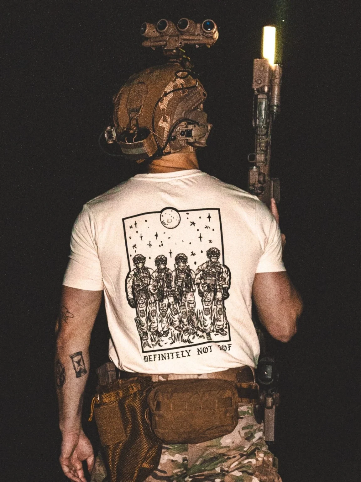 def-not-sof-sand-shirt_1 sand shirt from The Trace featuring a special operations force with a text saying definitely not sof