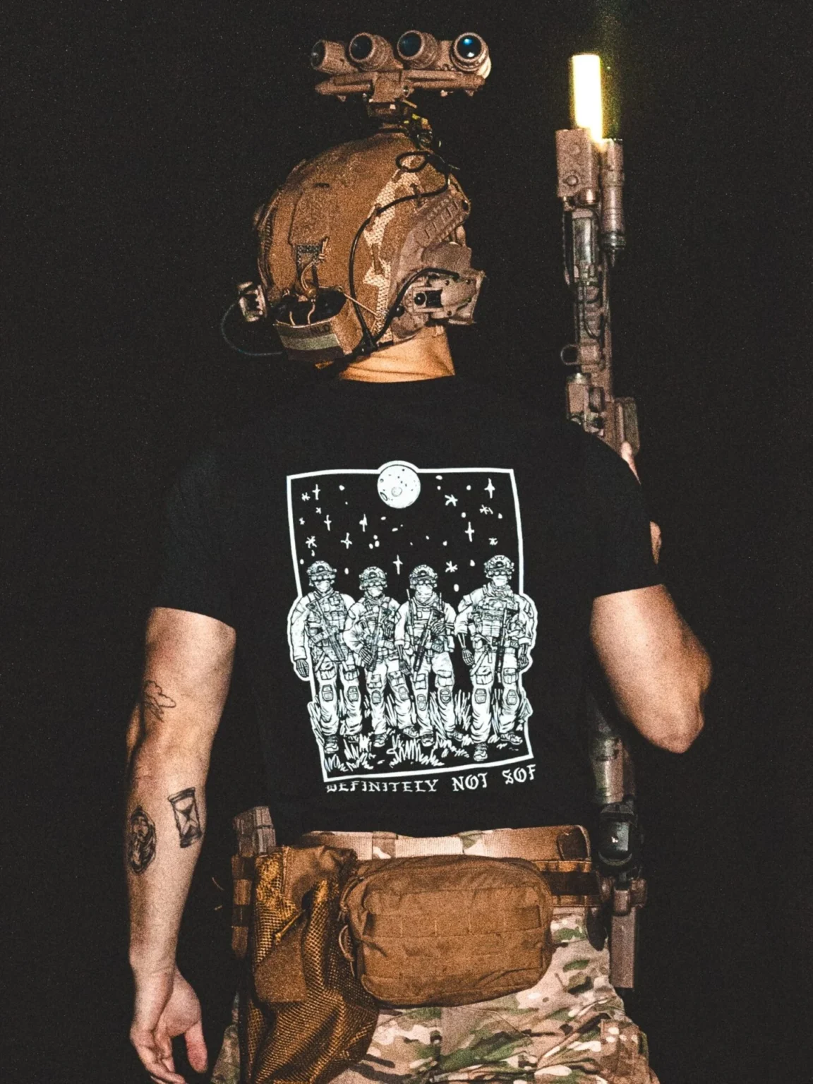 black shirt from The Trace featuring a special operations force with a text saying definitely not sof