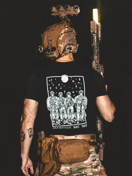 black shirt from The Trace featuring a special operations force with a text saying definitely not sof