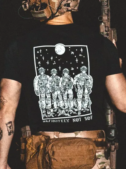 black shirt from The Trace featuring a special operations force with a text saying definitely not sof