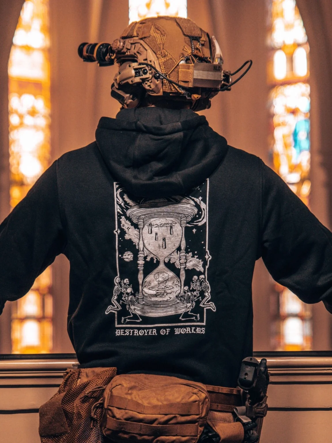 destroyer-of-world-black-hoodie_1 the trace apparel collection featuring skeletons praying to an hourglass showing atomic weapons dropping