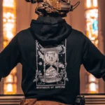 the trace apparel collection featuring skeletons praying to an hourglass showing atomic weapons dropping