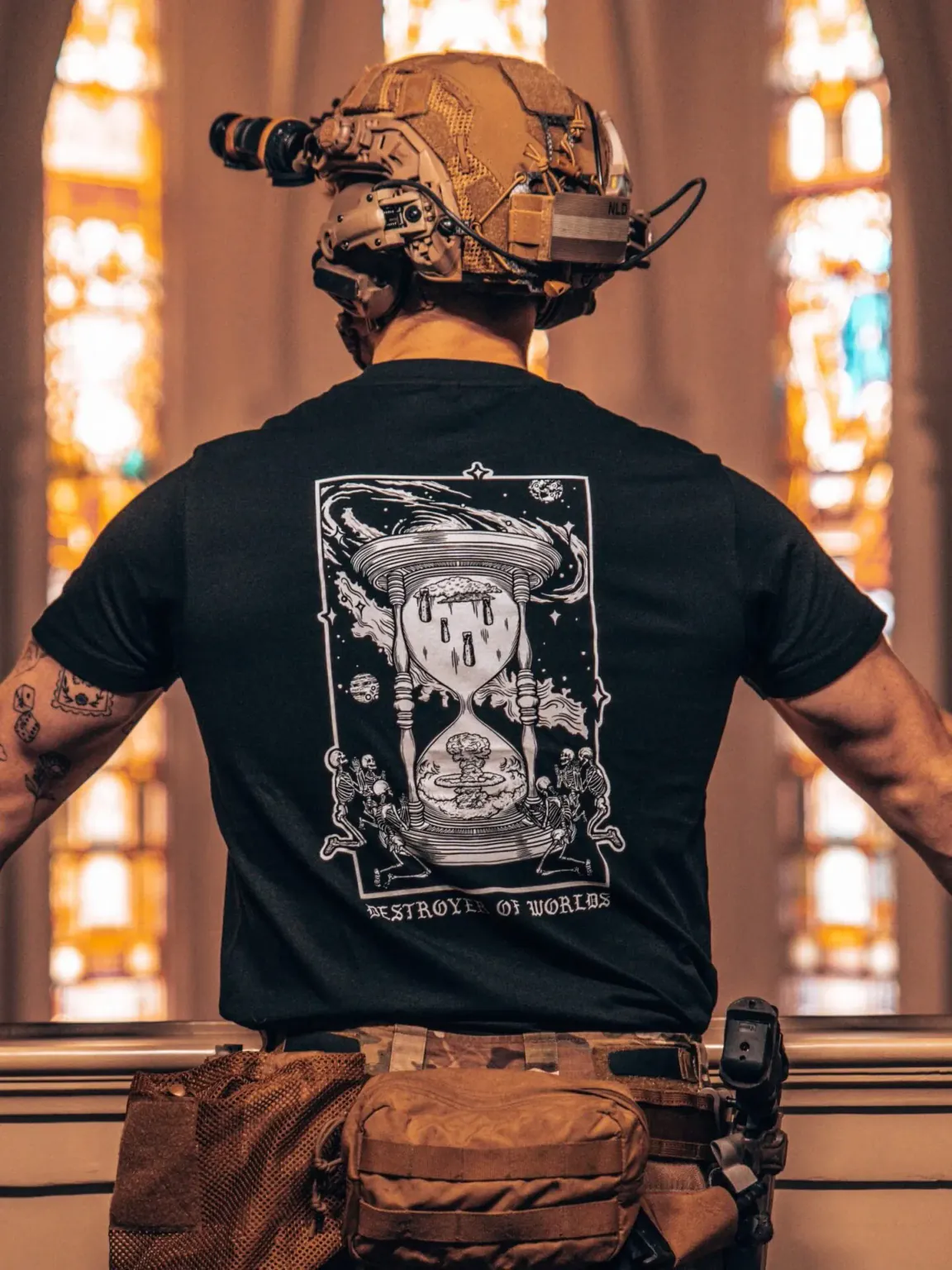 destroyer-of-worlds-black-shirt_1 the trace apparel collection featuring skeletons praying to an hourglass showing atomic weapons dropping